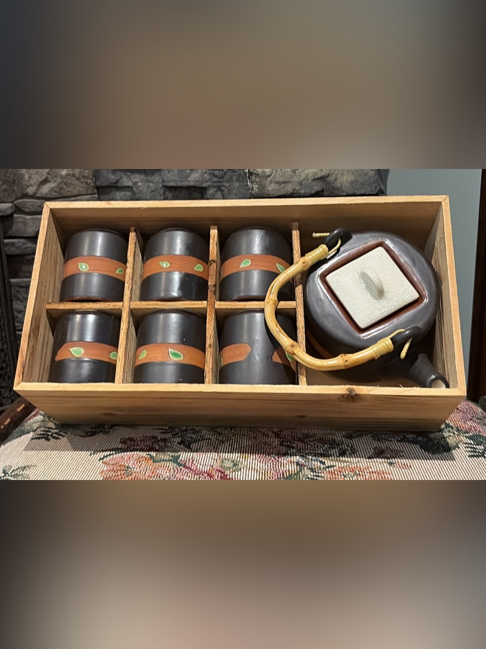 Ceramic Japanese Tea Set with Teapot, 6 Cups, and Wooden Box